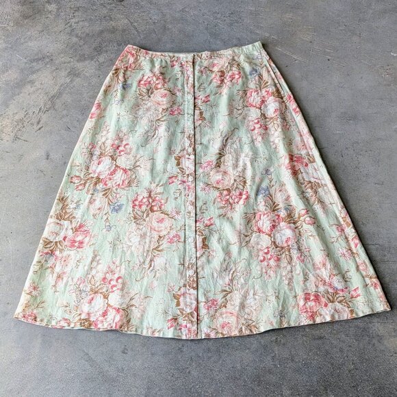 Vintage Chaps Green Pink Antique Floral Button Front Linen Midi Skirt size 12 - Picture 2 of 7